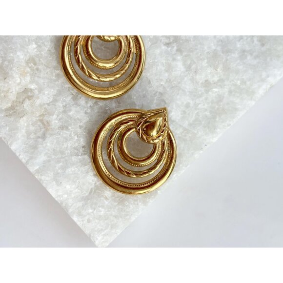 Vintage Gold Toned Rope Designed 80's Hoop Triple Layered Retro Earrings - Picture 3 of 7